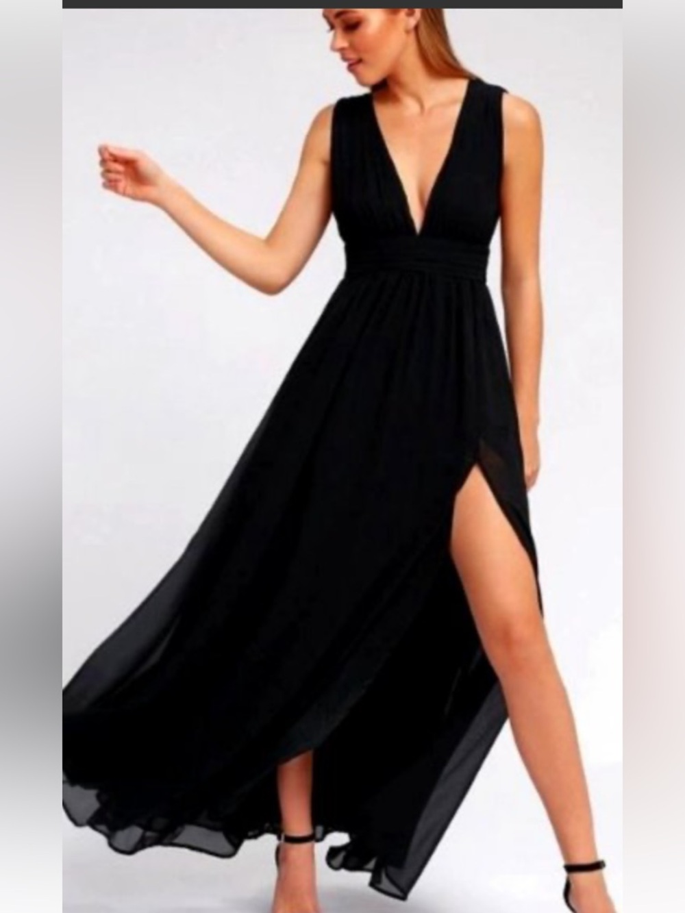 Lulu's Black Deep V Maxi Dress with High Slit